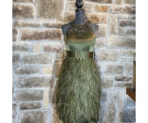 Olive Green Feather Dress, Size M - Elements Unleashed