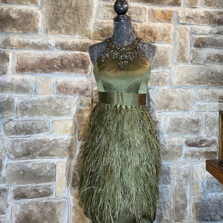 Olive Green Feather Dress, Size M