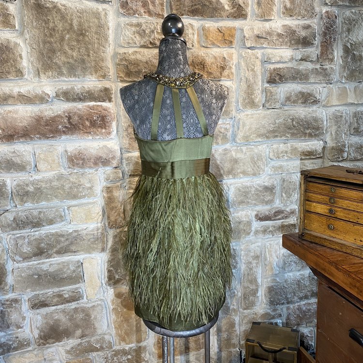 Olive Green Feather Dress, Size M