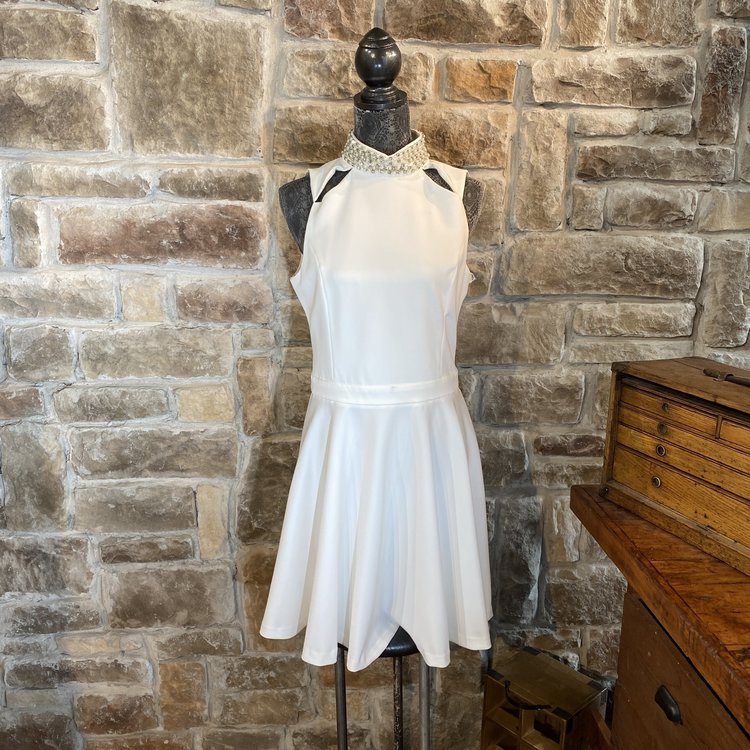 White Fit & Flare Dress with Embellished Collar, Size L