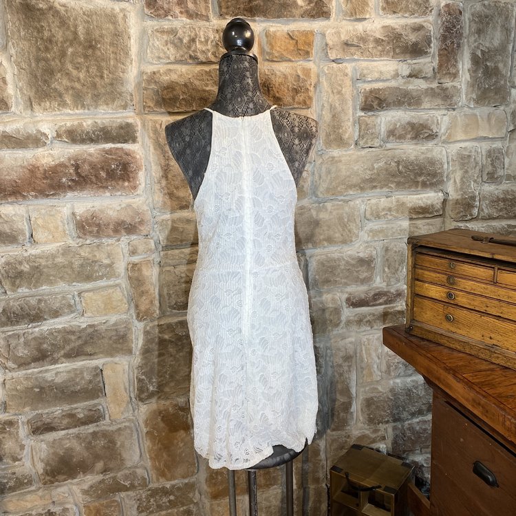 Aqua Ivory High Neck Lace Skater Dress, Size L