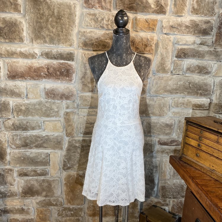 Aqua Ivory High Neck Lace Skater Dress, Size L