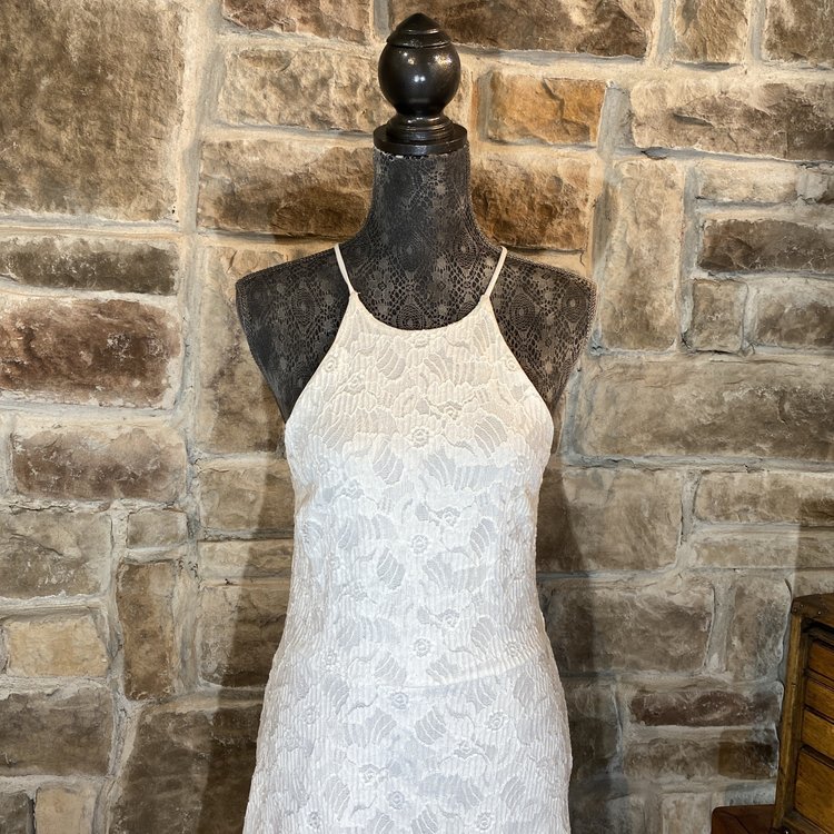 Aqua Ivory High Neck Lace Skater Dress, Size L