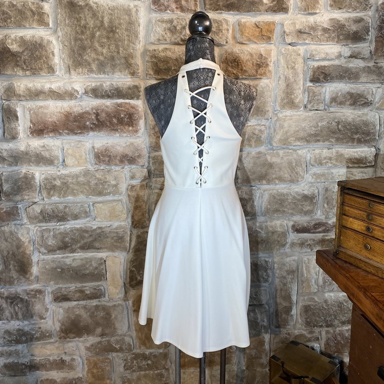 White Halter Lace Up Fit and Flare Dress, Size L