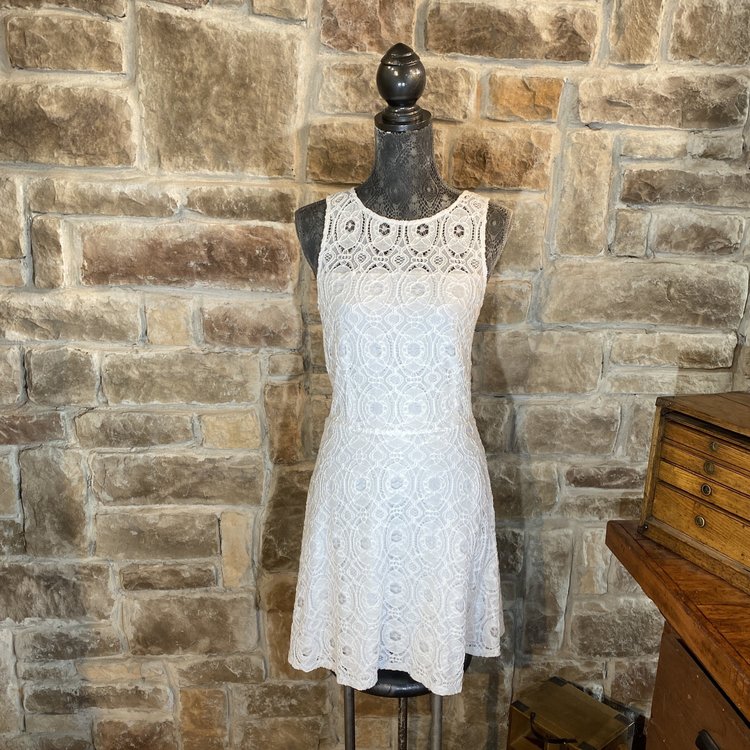 Aqua White Lace Fit and Flare Crocheted Dress, Size L