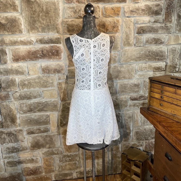 Aqua White Lace Fit and Flare Crocheted Dress, Size L