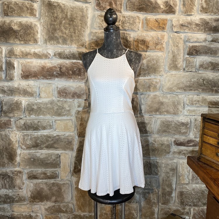 Aqua White Textured Halter Mini Dress, Size L