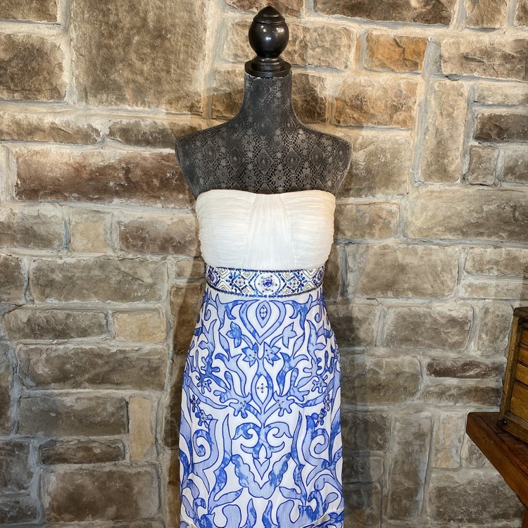 Sue Wong Blue and White Strapless Dress, Size 12