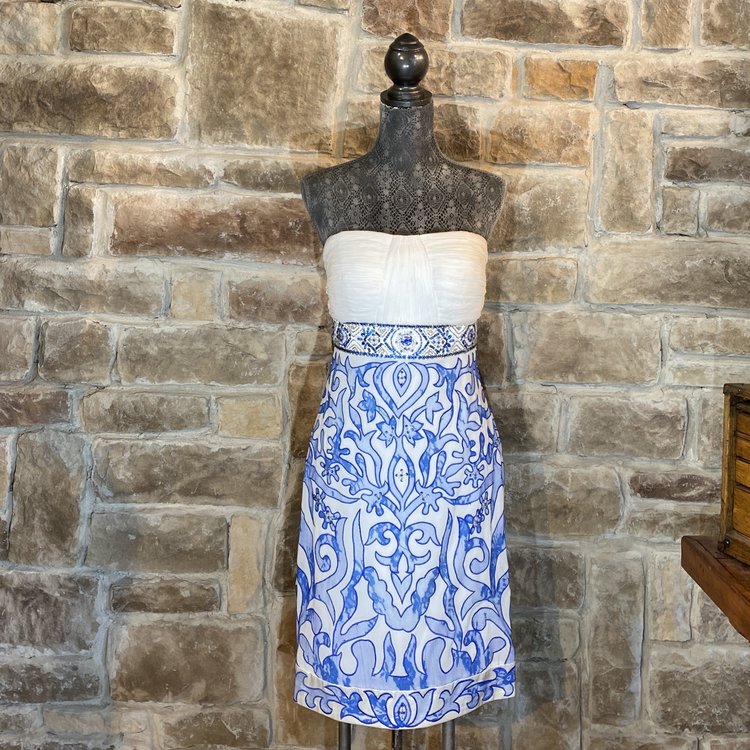 Sue Wong Blue and White Strapless Dress, Size 12