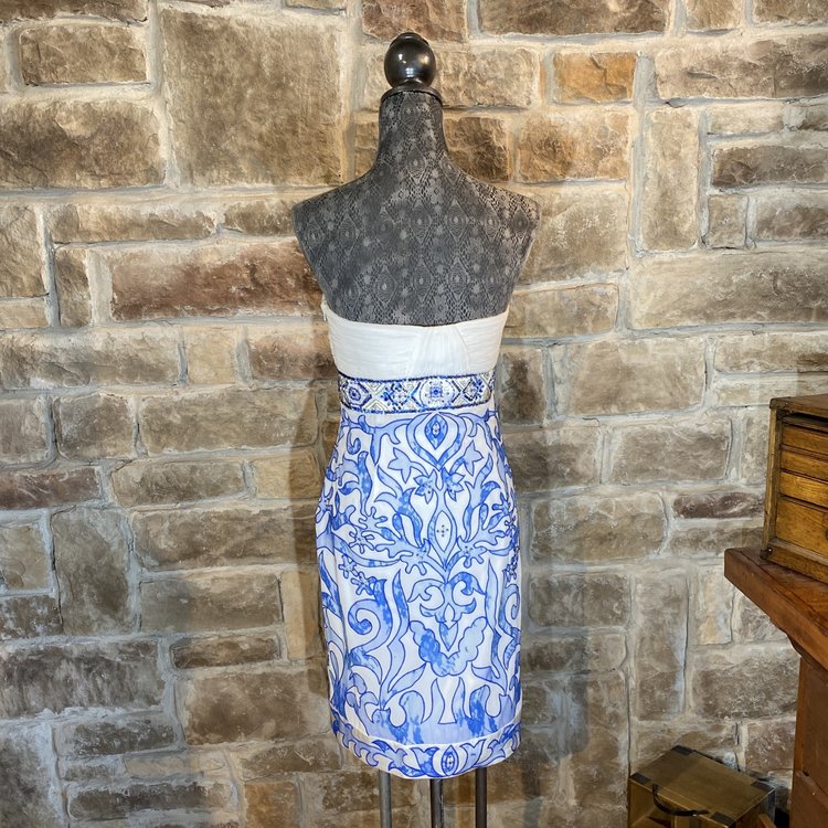 Sue Wong Blue and White Strapless Dress, Size 12