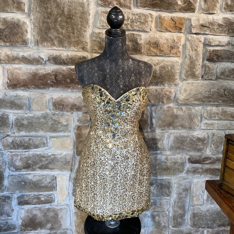 Gold Embellished Illusion Party Dress, Size 14