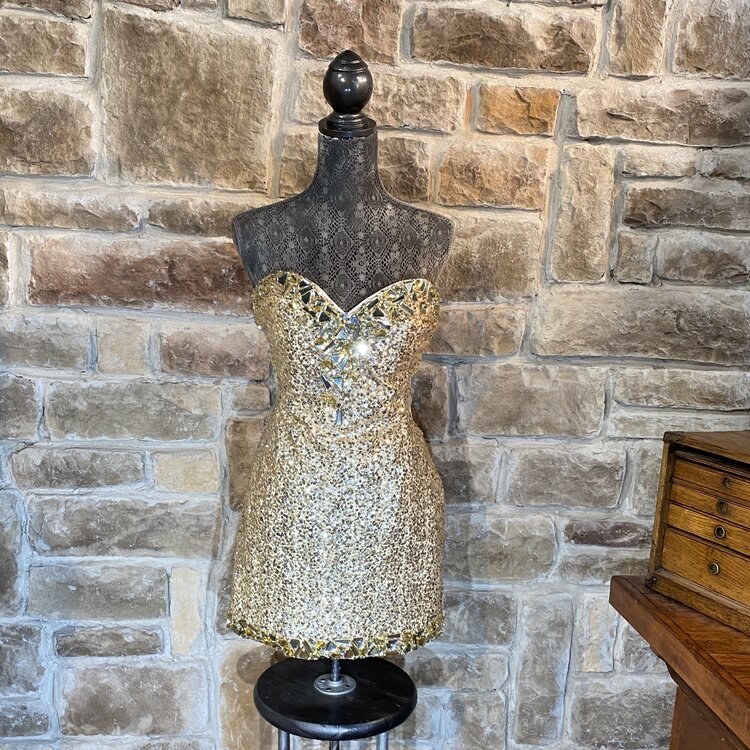 Gold Embellished Illusion Party Dress, Size 14