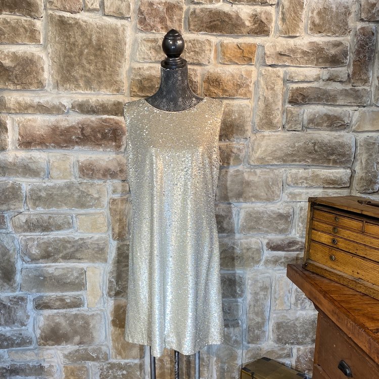 Gold Sequin Sleeveless Shift Dress, Size 14