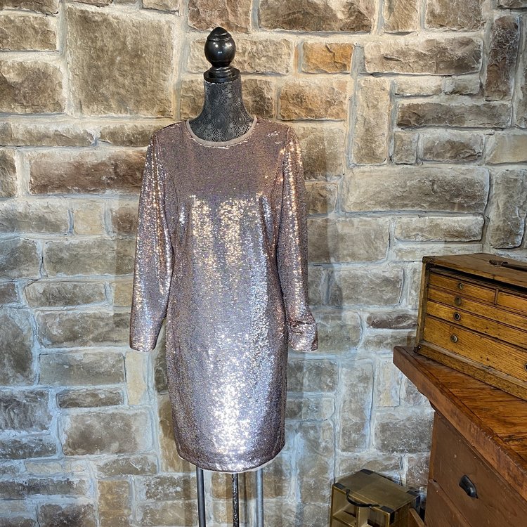 Rose Gold Sequined Long Sleeve Dress, Size 12