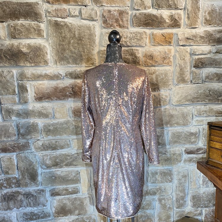 Rose Gold Sequined Long Sleeve Dress, Size 12