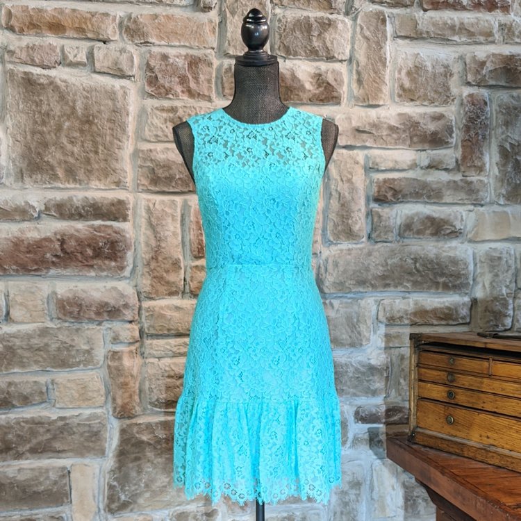 Shoshanna Turquoise Floral Lace Ruffle Eyelash Dress, Size 2