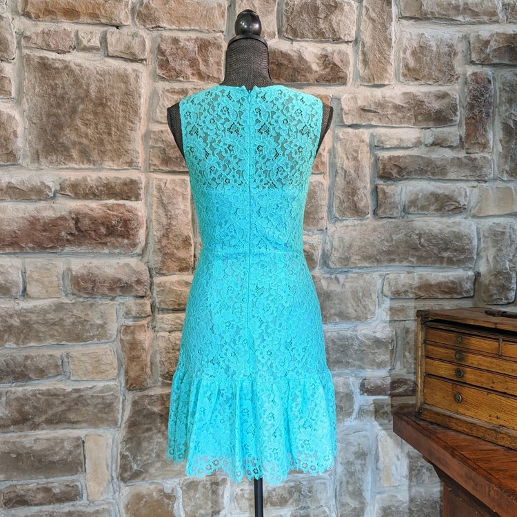 Shoshanna Turquoise Floral Lace Ruffle Eyelash Dress, Size 2