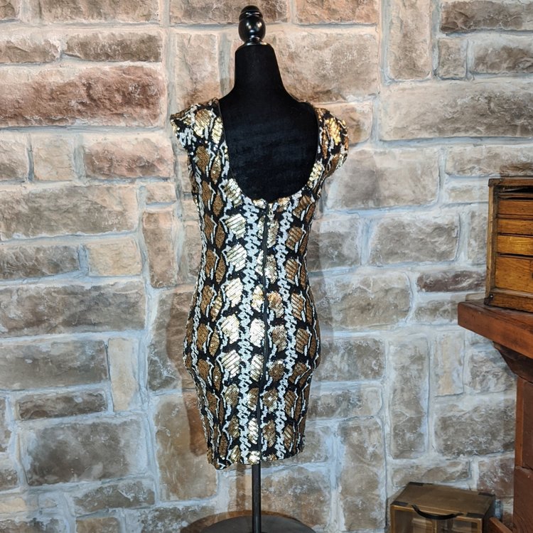 Guess African Print Gold Black Sequin Dress, Size XS