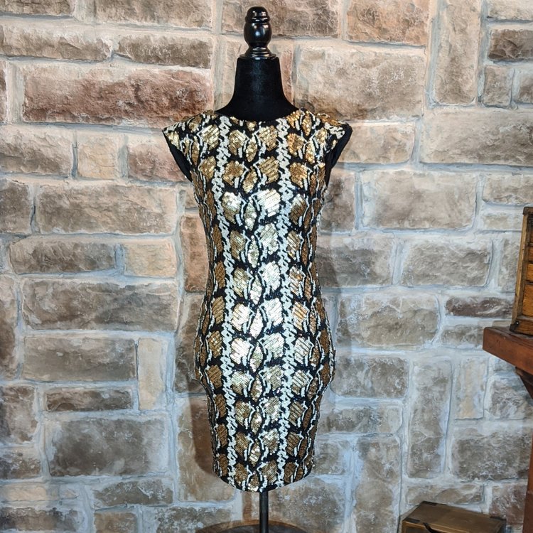 Guess African Print Gold Black Sequin Dress, Size XS