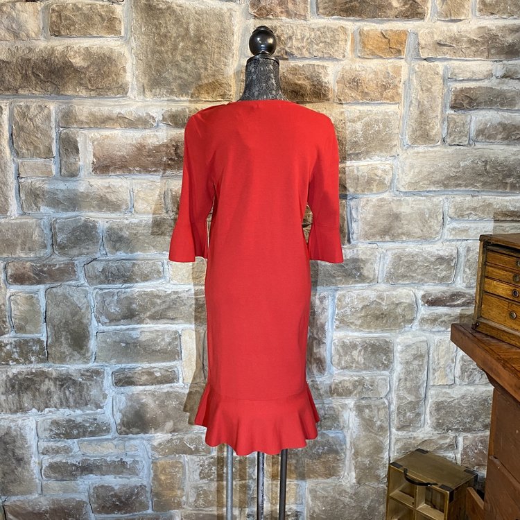 Red Ruffled Bell Sleeve A-Line Dress, Size L