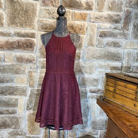 Maroon Fit and Flare Lace Cocktail Dress, Size L