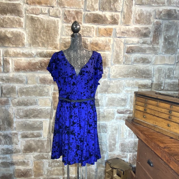 Blue Printed Dress with Belt, Size L