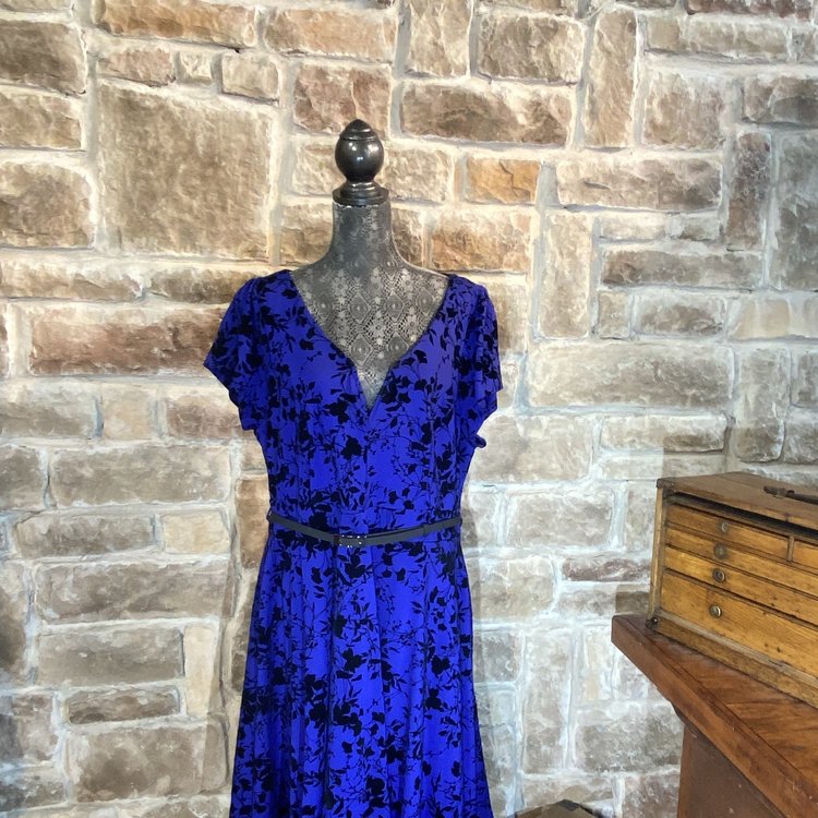 Blue Printed Dress with Belt, Size L