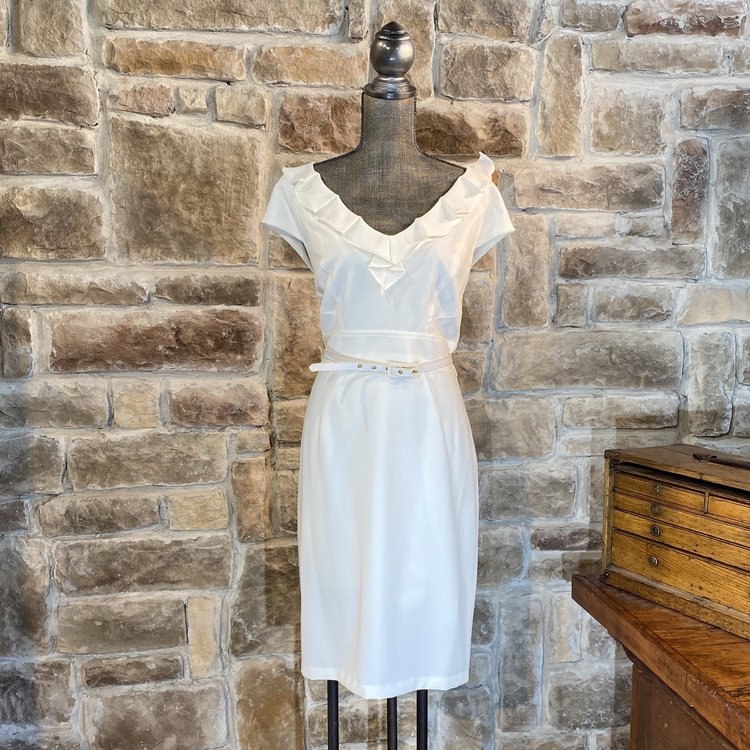 Sandra Darren Ivory Ruffle Belted Cocktail Dress, Size XL