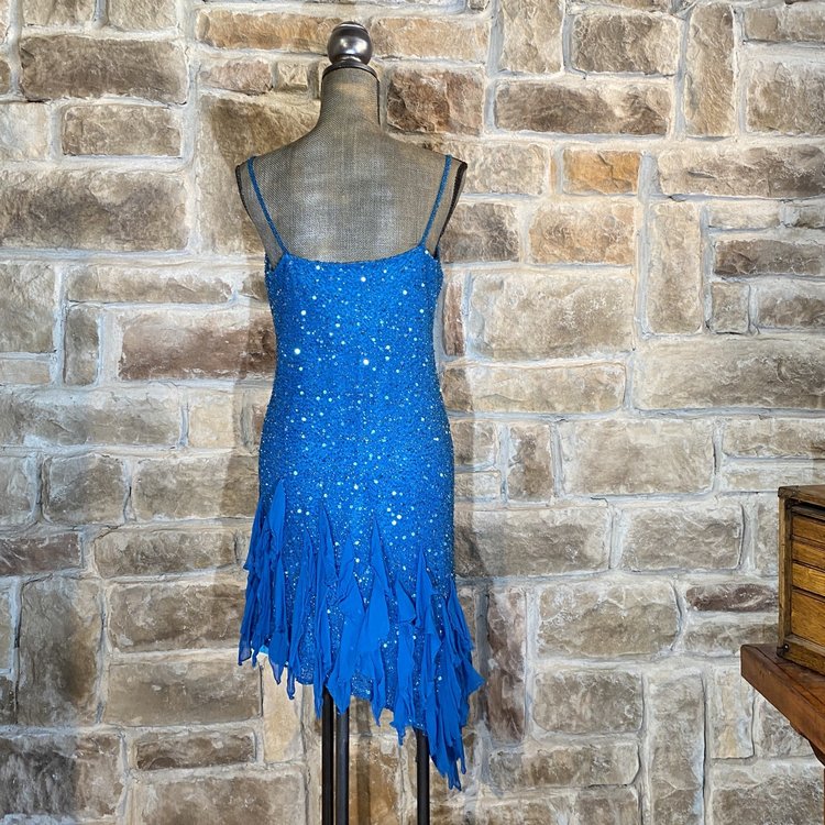 La Scala Blue Beaded Dress with Asymmetrical Hem, Size 16