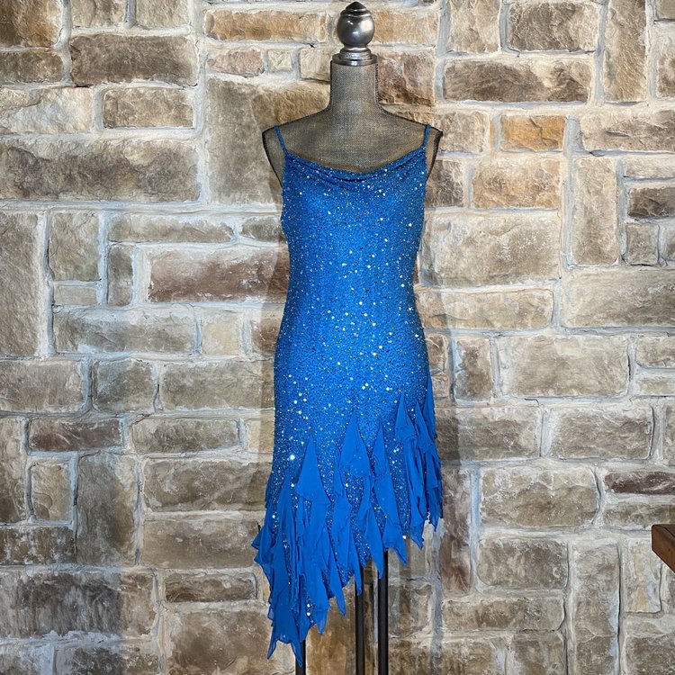La Scala Blue Beaded Dress with Asymmetrical Hem, Size 16