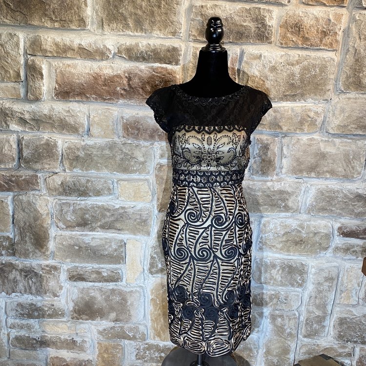 Sue Wong Black and Gold Embellished Mesh Dress, Size S