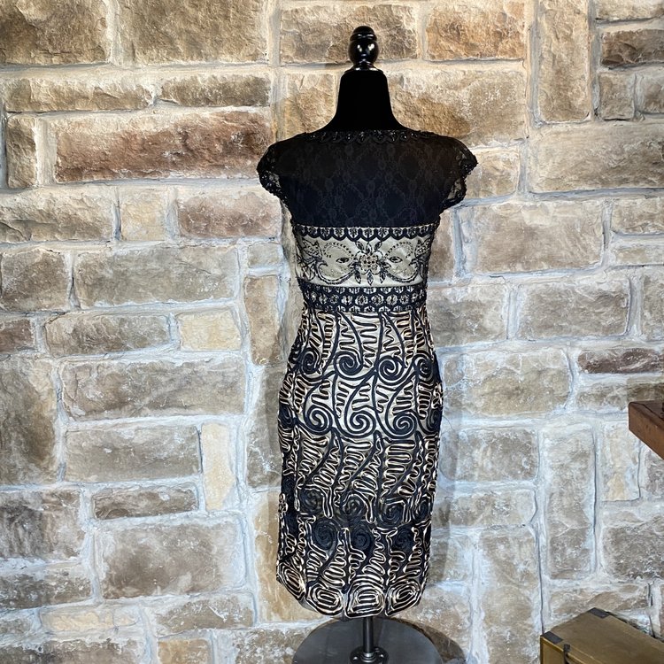 Sue Wong Black and Gold Embellished Mesh Dress, Size S