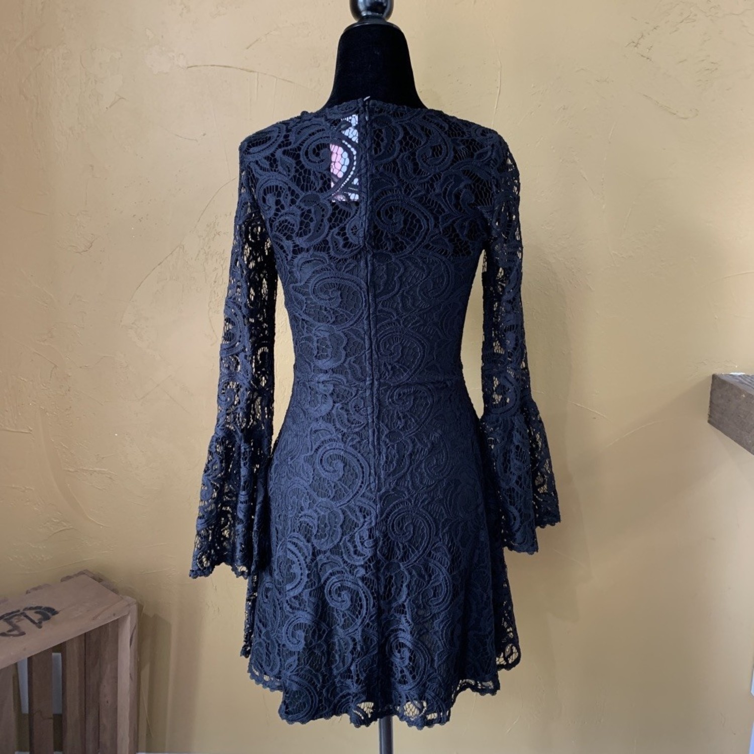 Aqua Black Lace Bell Sleeve Cocktail Dress, Size S