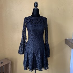 Aqua Black Lace Bell Sleeve Cocktail Dress, Size S