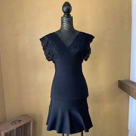 Guess Black Bodycon Dress with Flirty Skirt, Size M