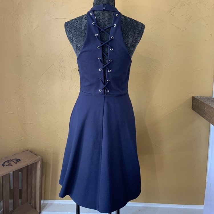 Aqua Navy Blue Lace Up Dress, Size M
