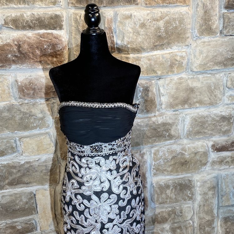 Sue Wong Black Embroidered Strapless Cocktail Dress, Size 4