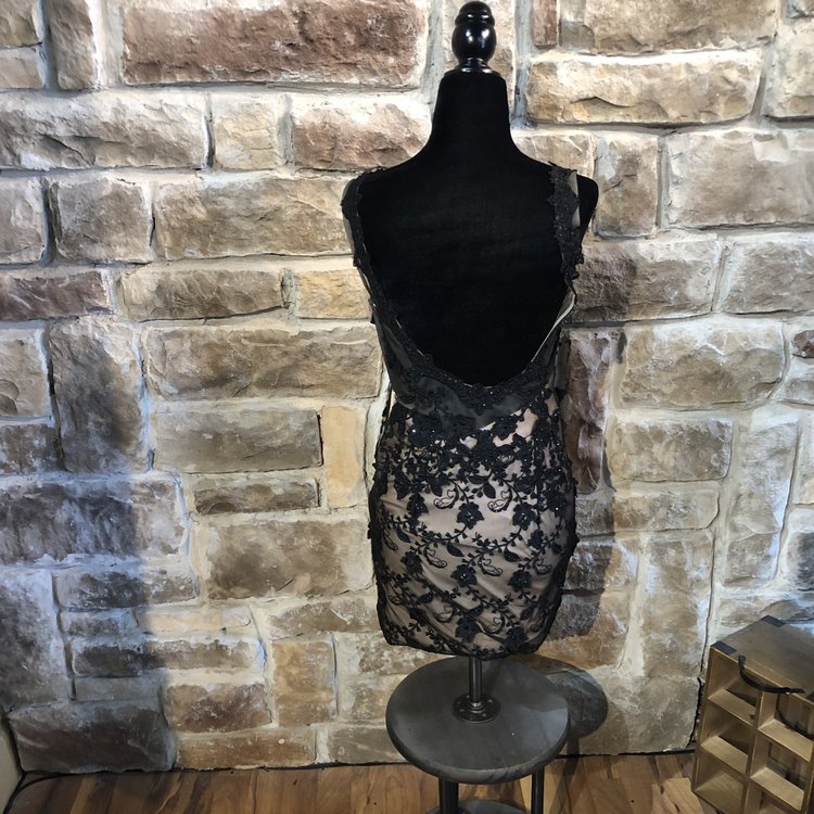 Jovani Black Beaded Dress with Nude Underlay, Size 0