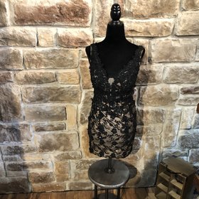 Jovani Black Beaded Dress with Nude Underlay, Size 0