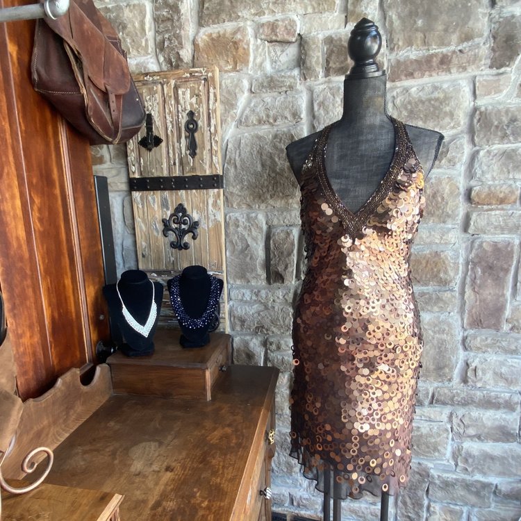 Sue Wong Bronze Sequin Dress, Size 10