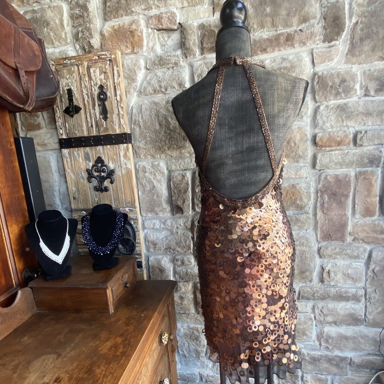Sue Wong Bronze Sequin Dress, Size 10