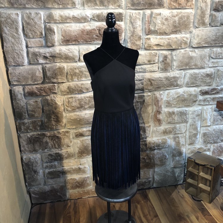 Aidan Mattox Black and Blue Halter Dress w/ Fringe, Size 4