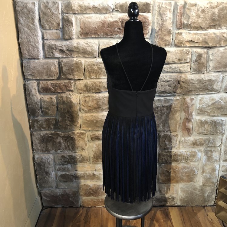 Aidan Mattox Black and Blue Halter Dress w/ Fringe, Size 4