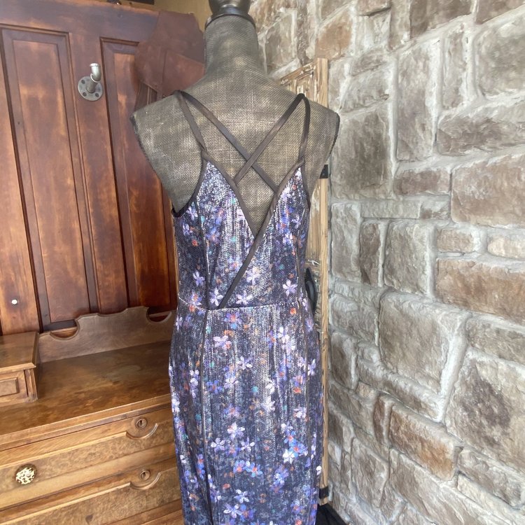 Rachel Roy Black Floral Sequined V Neck Dress, Size 8