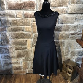 Black Fit and Flare Embellished Neck Line Dress, Size S