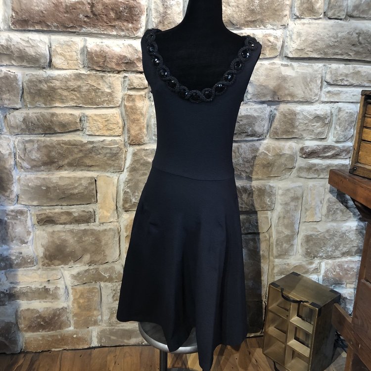 Black Fit and Flare Embellished Neck Line Dress, Size S