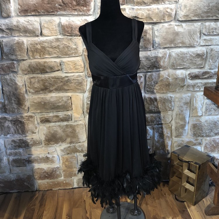 Black Cocktail Dress with Feathers, Size 6