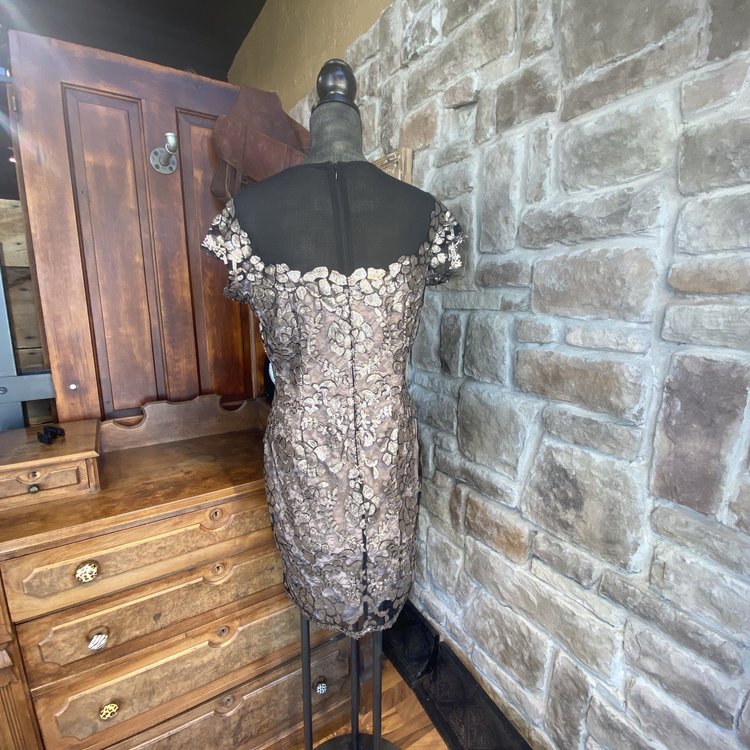 Tahari Gold Sequin Lace Dress, Size M