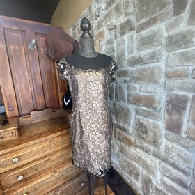 Tahari Gold Sequin Lace Dress, Size M