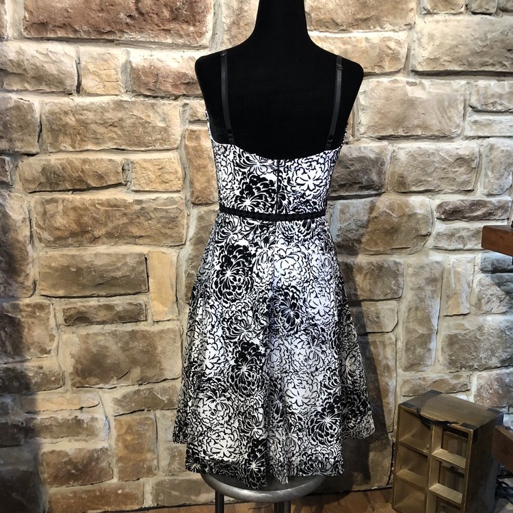 Aqua Black and White Flocked Floral Party Dress, Size M